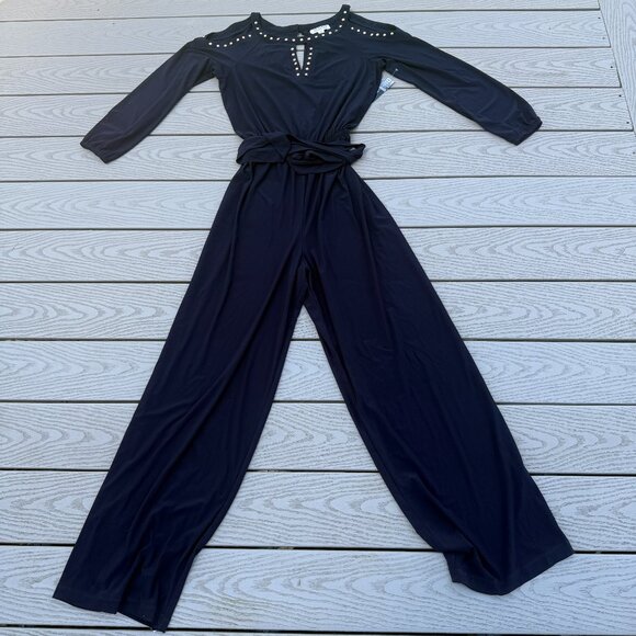 Soho Apparel Limited Black  Jumpsuit Womens Medium Blue Open Shoulder One Piece - Picture 1 of 7
